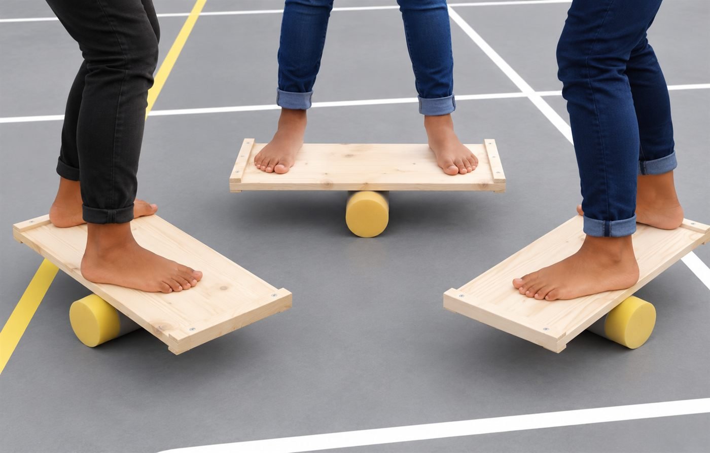 Drie kinderen op blote voeten oefenen hun evenwicht op houten balansborden