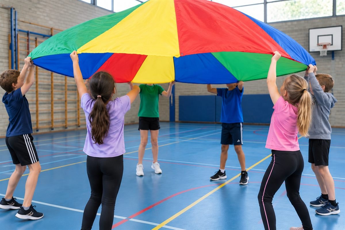 Kinderen tillen samen een kleurrijke parachute op in de gymzaal